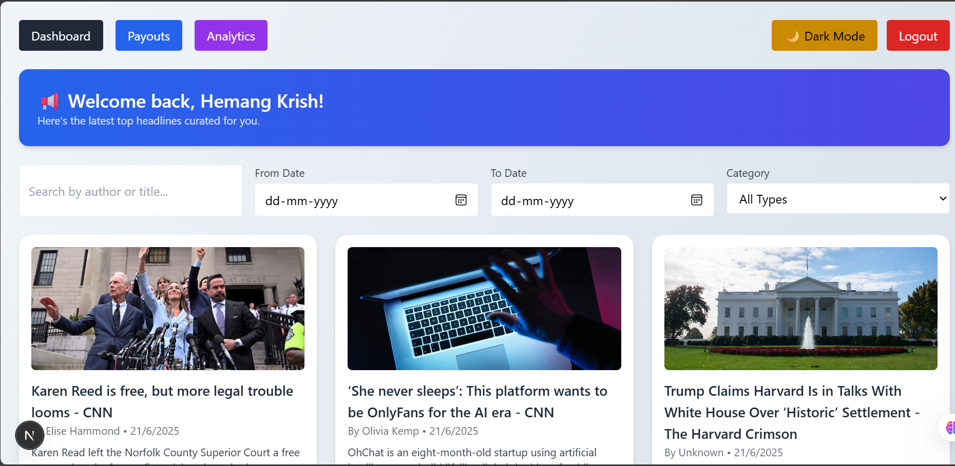 News Dashboard with Analytics and Payouts